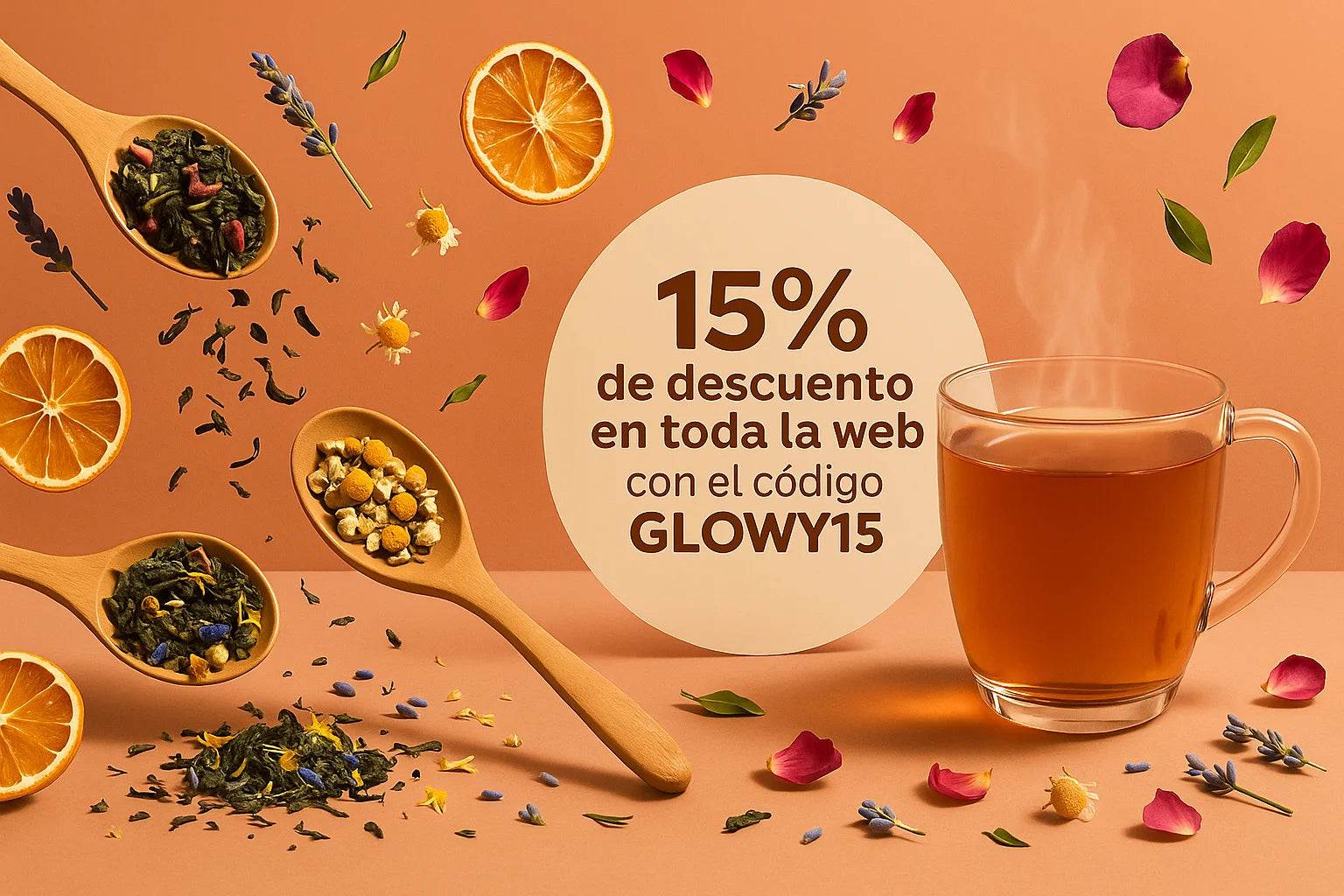 Banner que muestra 15% de descuento en té y fruta liofilizada