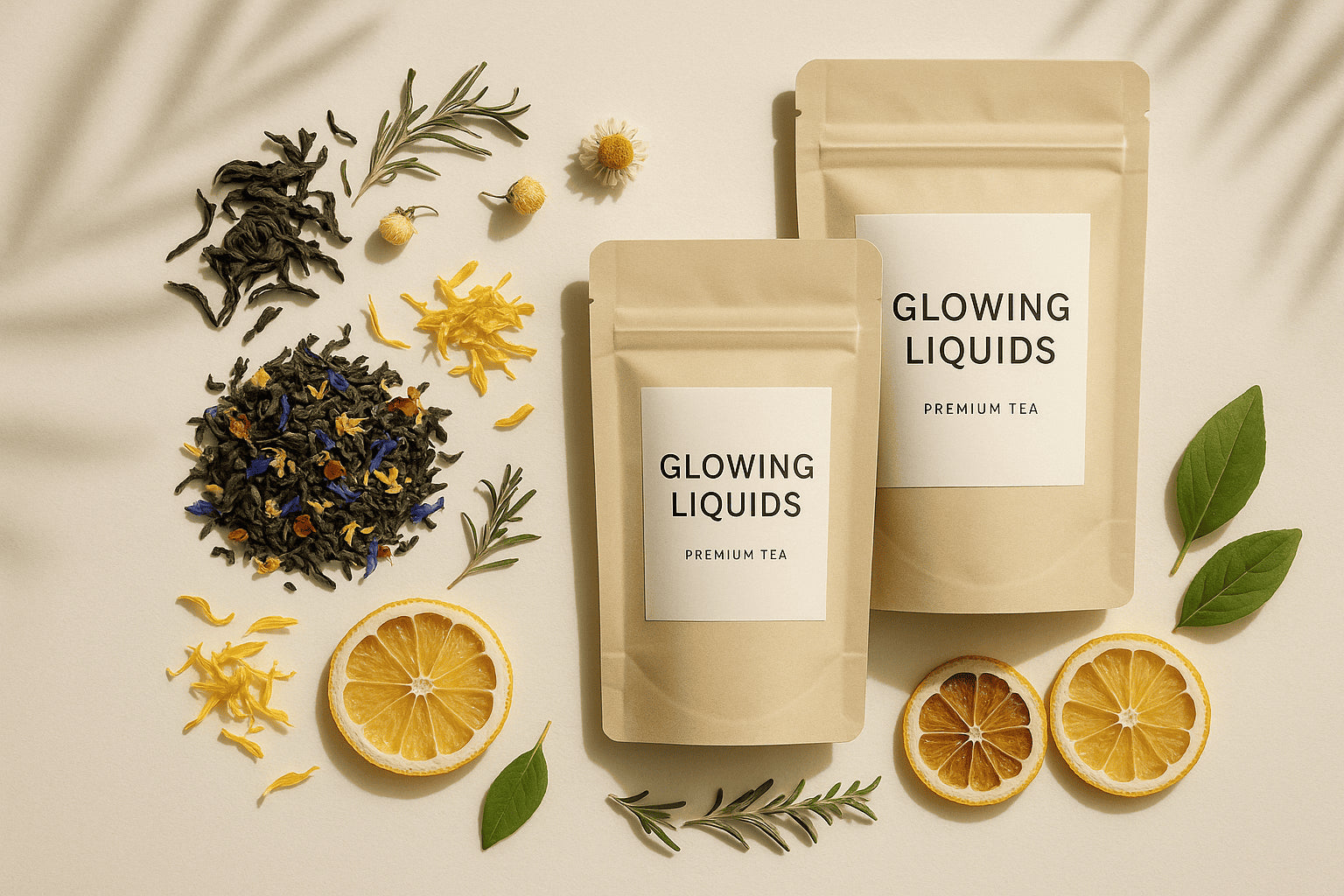 Portada home con pack de té y té esparcido en la mesa