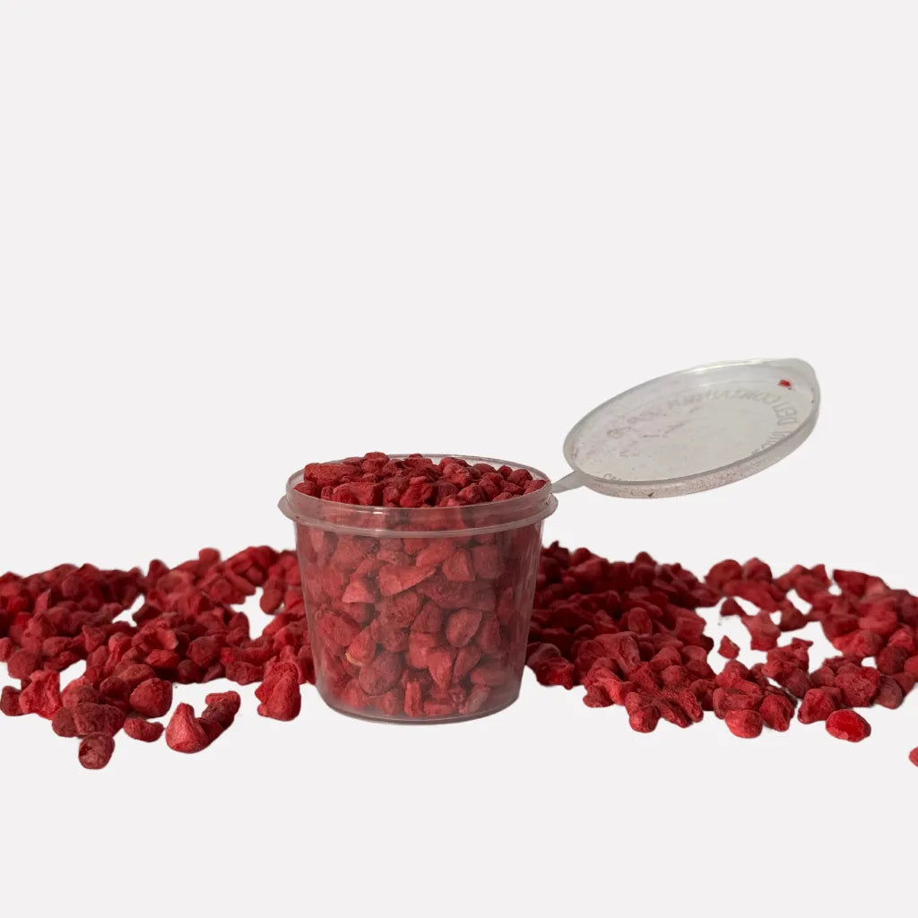 Pack de frambuesas liofilizadas, perfectas para preparar batidos o disfrutar como snack saludable