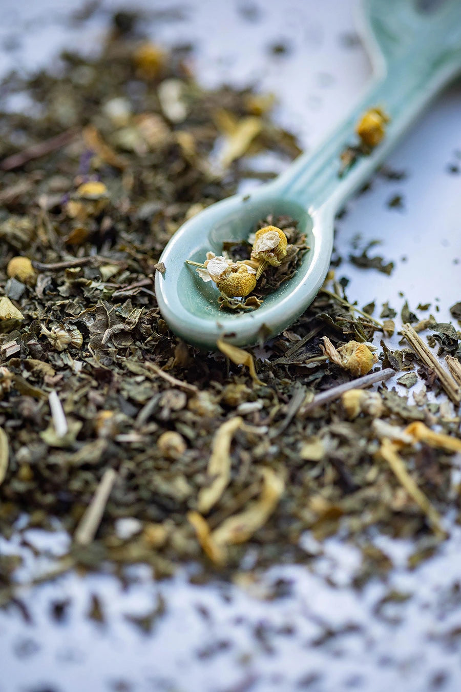 Té Mint Bliss, una infusión refrescante de menta, melisa y manzanilla, ideal para después de las comidas o como bebida revitalizante durante el día